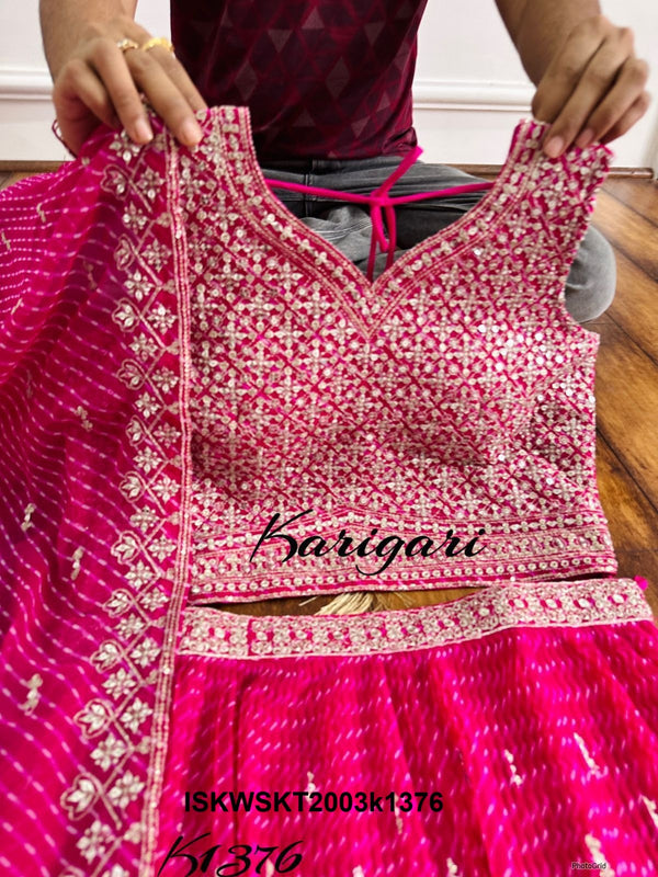 Embroidered Georgette Skirt And Crop Top And Dupatta-ISKWSKT2003k1376