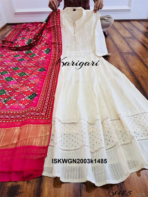Embroidered Malmal Cotton Schiffli Gown With Printed Gaji Silk Dupatta-ISKWGN2003k1485