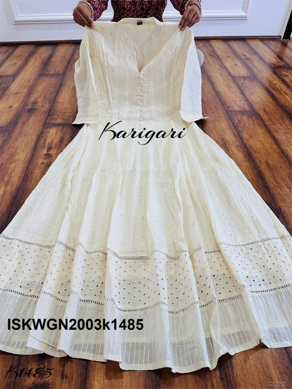 Embroidered Malmal Cotton Schiffli Gown With Printed Gaji Silk Dupatta-ISKWGN2003k1485