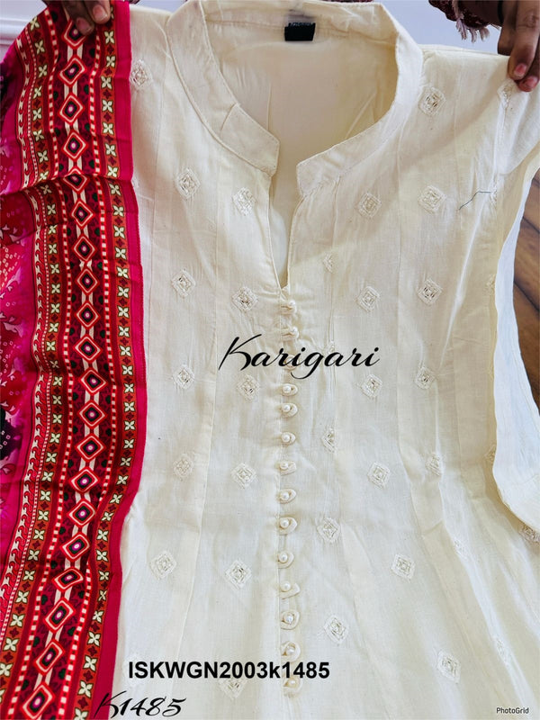 Embroidered Malmal Cotton Schiffli Gown With Printed Gaji Silk Dupatta-ISKWGN2003k1485