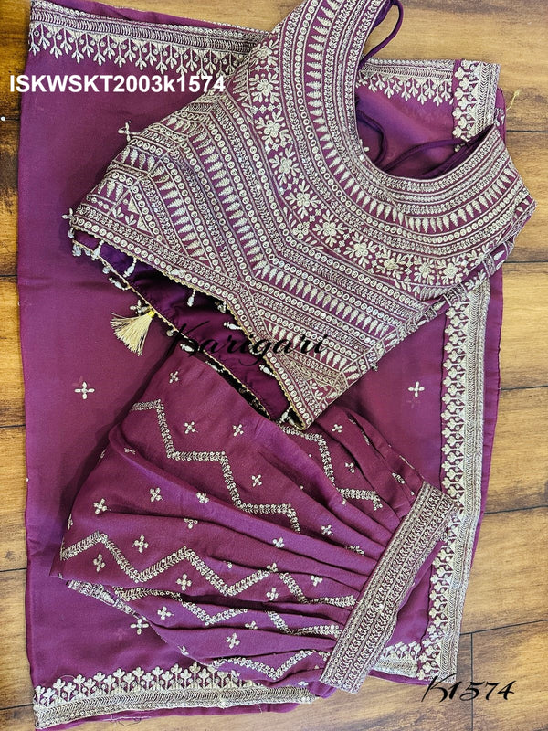 Embroidered Georgette Skirt With Crop Top And Dupatta-ISKWSKT2003k1575/k1574
