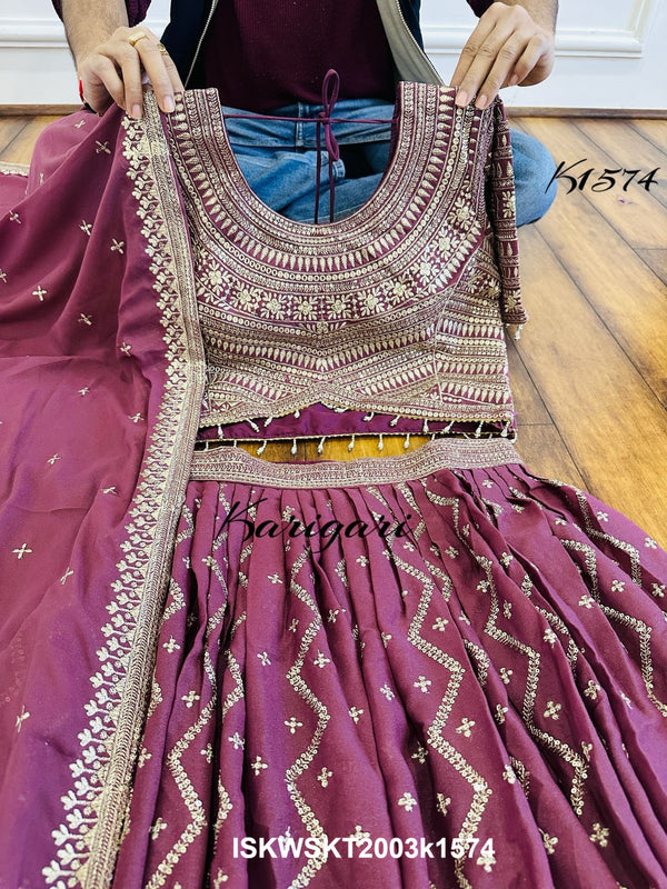 Embroidered Georgette Skirt With Crop Top And Dupatta-ISKWSKT2003k1575/k1574