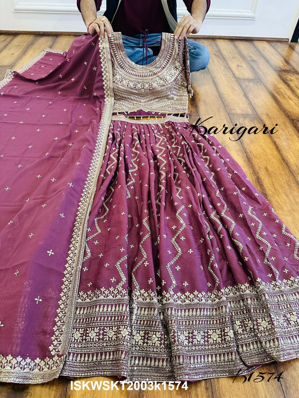 Embroidered Georgette Skirt With Crop Top And Dupatta-ISKWSKT2003k1575/k1574