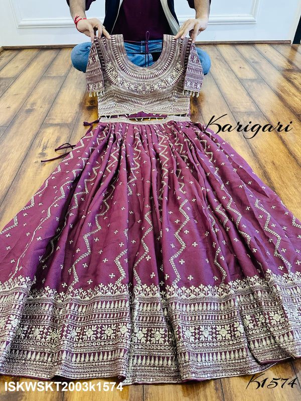 Embroidered Georgette Skirt With Crop Top And Dupatta-ISKWSKT2003k1575/k1574