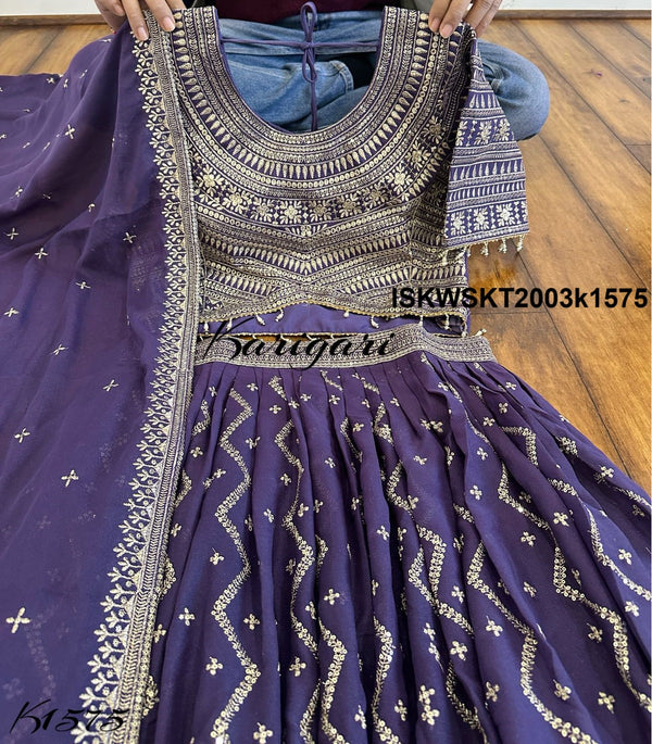 Embroidered Georgette Skirt With Crop Top And Dupatta-ISKWSKT2003k1575/k1574