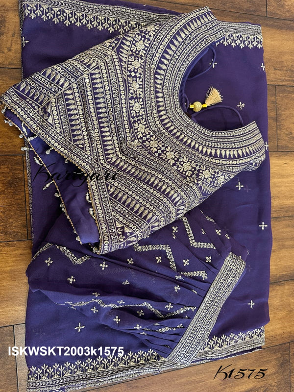 Embroidered Georgette Skirt With Crop Top And Dupatta-ISKWSKT2003k1575/k1574