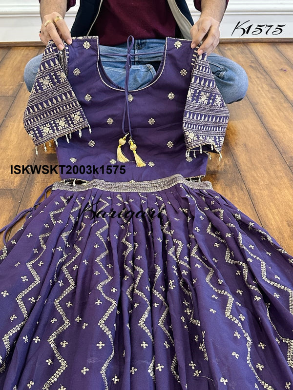 Embroidered Georgette Skirt With Crop Top And Dupatta-ISKWSKT2003k1575/k1574