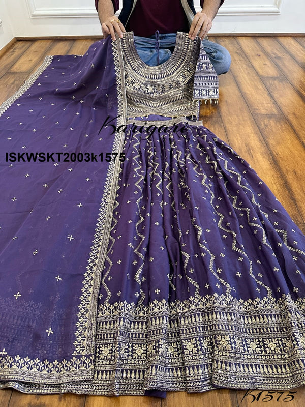 Embroidered Georgette Skirt With Crop Top And Dupatta-ISKWSKT2003k1575/k1574
