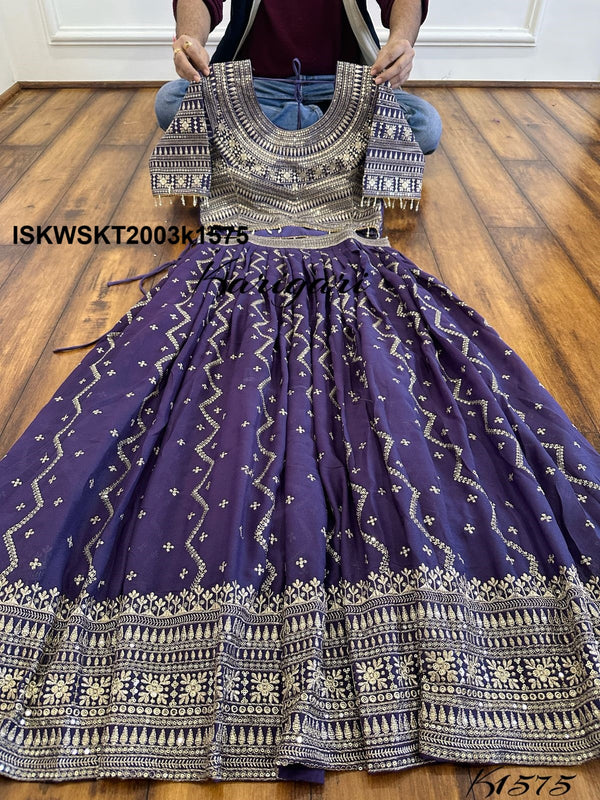 Embroidered Georgette Skirt With Crop Top And Dupatta-ISKWSKT2003k1575/k1574