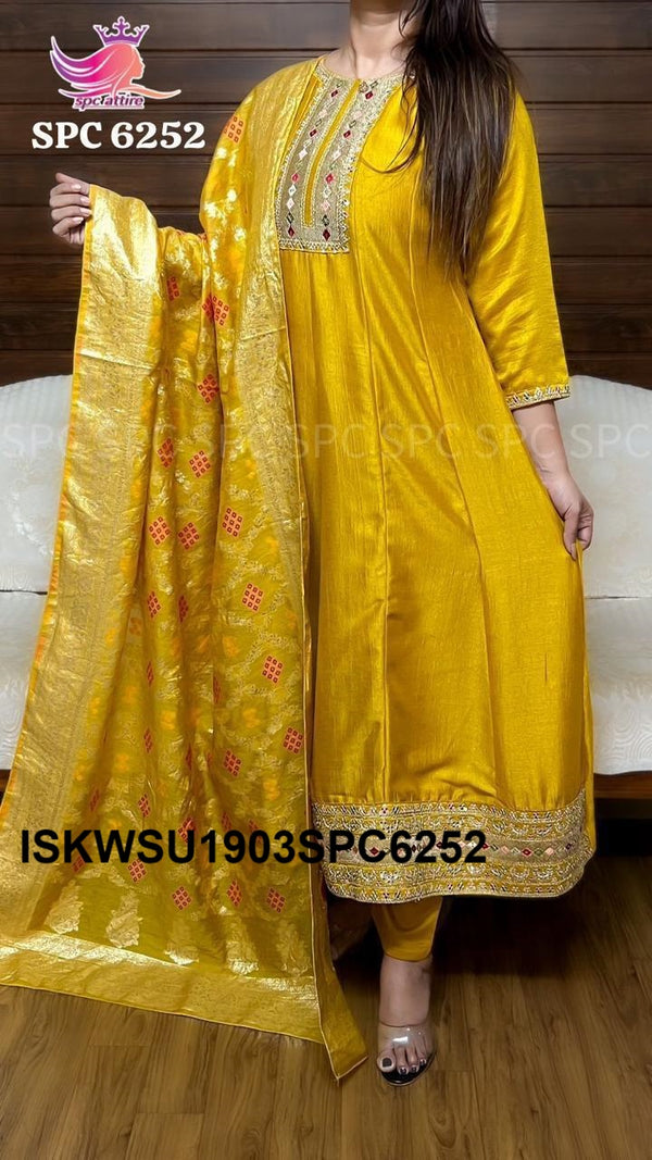 Sequined Cotton Silk Anarkali Kurti With Pant And Banarasi Weaving Dupatta-ISKWSU1903SPC6252
