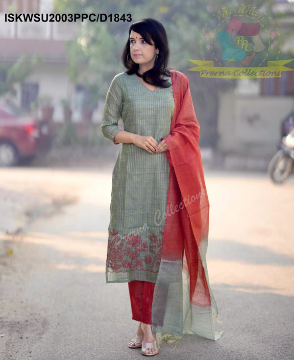 Handloom Weaved Cotton Silk Kurti With Pant And Dupatta-ISKWSU2003PPC/D1843