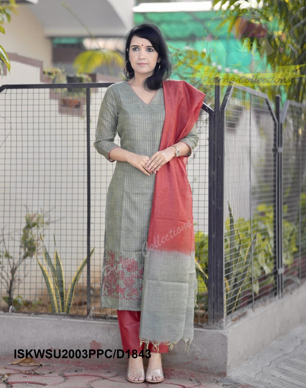 Handloom Weaved Cotton Silk Kurti With Pant And Dupatta-ISKWSU2003PPC/D1843