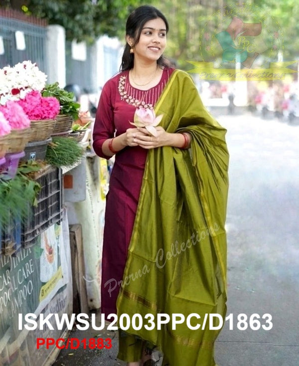 Handloom Silk Kurti With Silk Pant And Handloom Zari Dupatta-ISKWSU2003PPC/D1863
