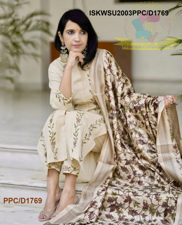 Handloom Cotton Kurti With Pant And Kalamkari Printed Khadi SIlk Dupatta-ISKWSU2003PPC/D1769