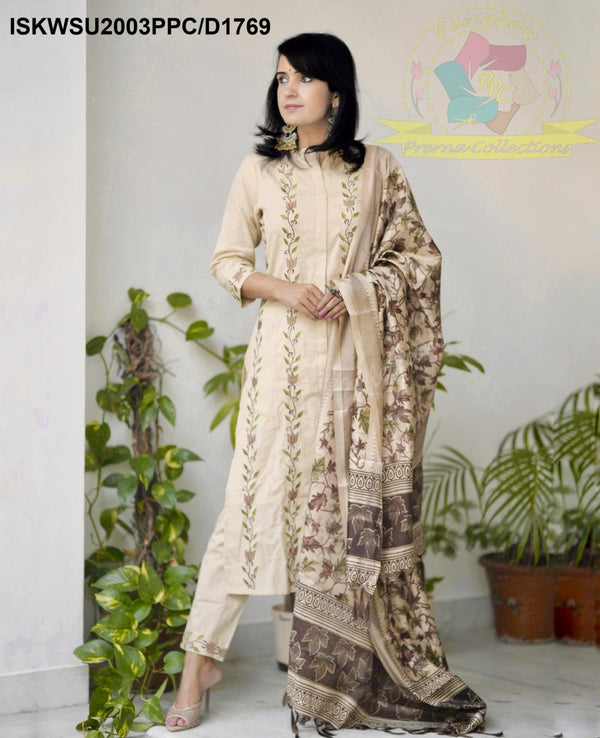 Handloom Cotton Kurti With Pant And Kalamkari Printed Khadi SIlk Dupatta-ISKWSU2003PPC/D1769