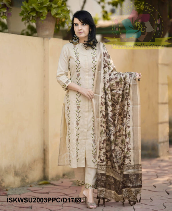 Handloom Cotton Kurti With Pant And Kalamkari Printed Khadi SIlk Dupatta-ISKWSU2003PPC/D1769