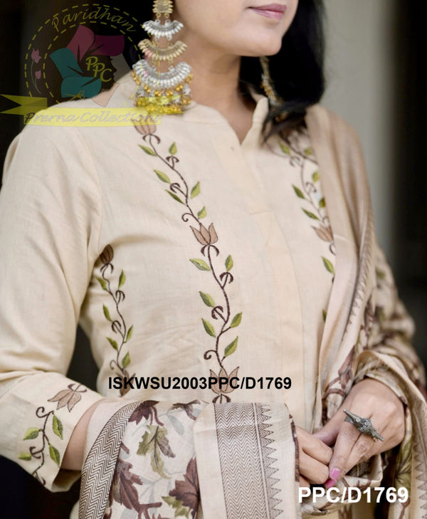 Handloom Cotton Kurti With Pant And Kalamkari Printed Khadi SIlk Dupatta-ISKWSU2003PPC/D1769