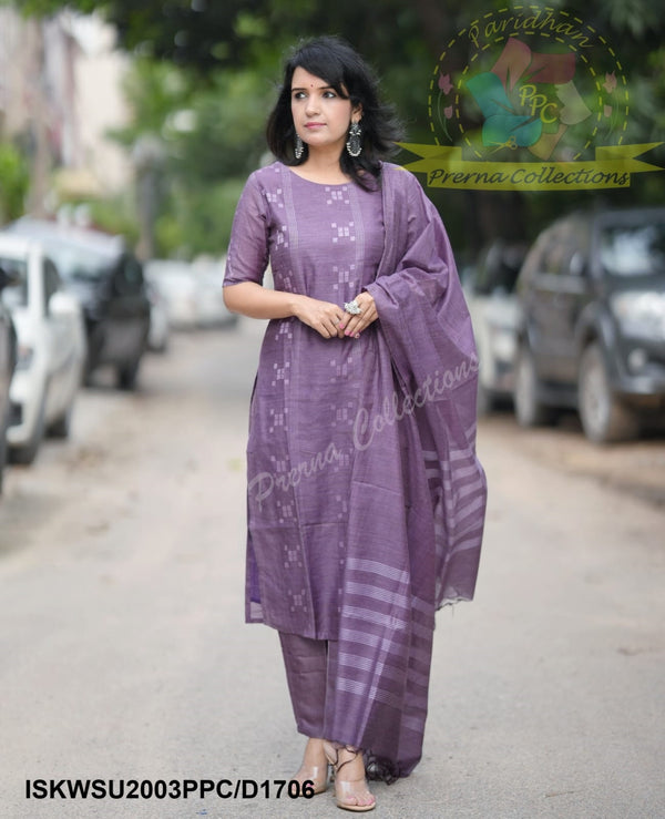 Handloom Weaved Cotton Silk Kurti With Cotton Silk Pant And Dupatta-ISKWSU2003PPC/D1706