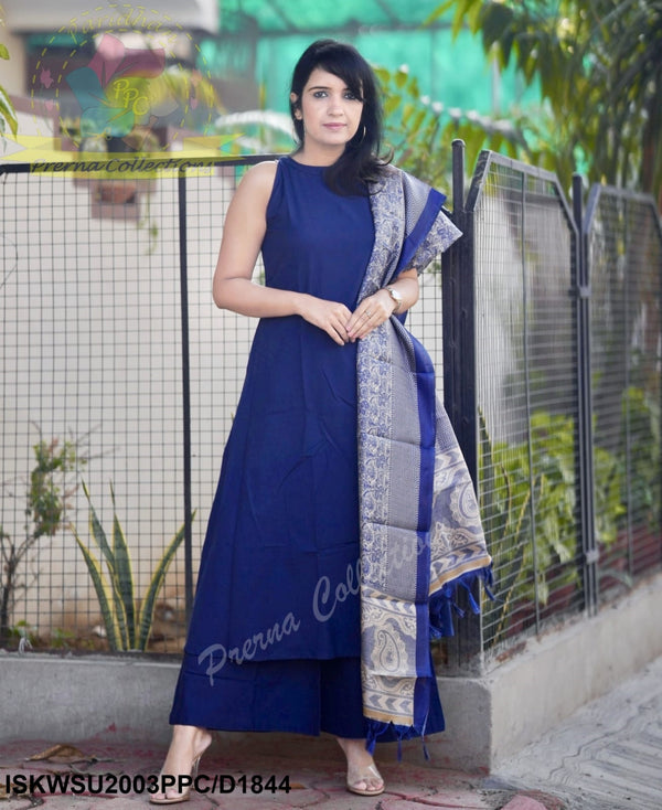 Handloom A-Line Kurti With Palazzo And Madhubani Printed Khadi Silk Dupatta-ISKWSU2003PPC/D1844