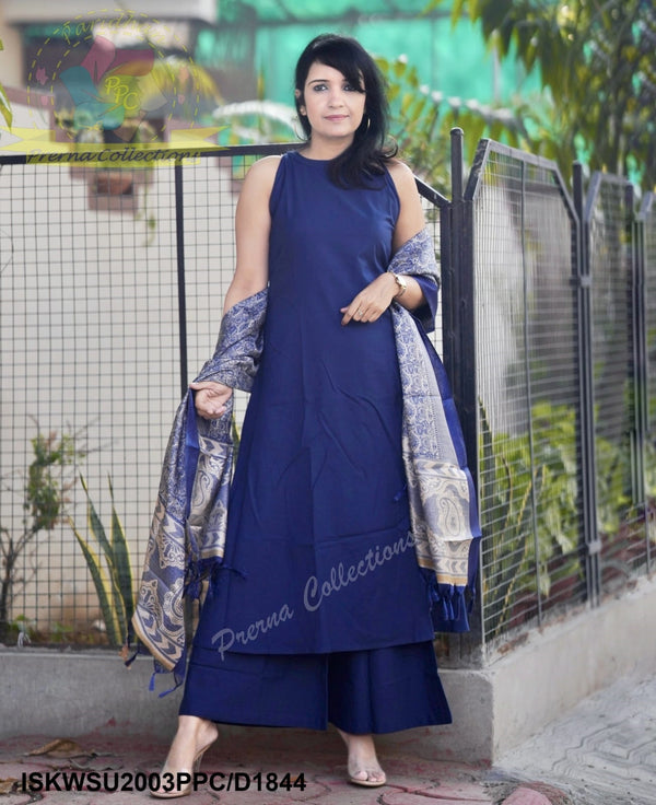 Handloom A-Line Kurti With Palazzo And Madhubani Printed Khadi Silk Dupatta-ISKWSU2003PPC/D1844