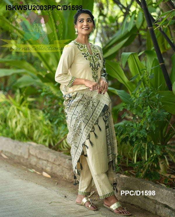 Handloom Cotton Kurti With Pant And Kalamkari Printed Khadi Silk Dupatta-ISKWSU2003PPC/D1598