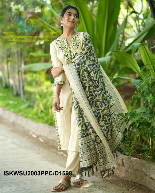 Handloom Cotton Kurti With Pant And Kalamkari Printed Khadi Silk Dupatta-ISKWSU2003PPC/D1598
