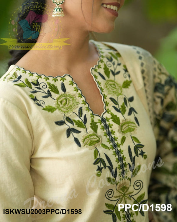 Handloom Cotton Kurti With Pant And Kalamkari Printed Khadi Silk Dupatta-ISKWSU2003PPC/D1598