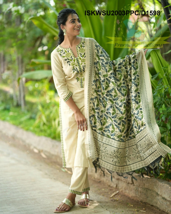 Handloom Cotton Kurti With Pant And Kalamkari Printed Khadi Silk Dupatta-ISKWSU2003PPC/D1598
