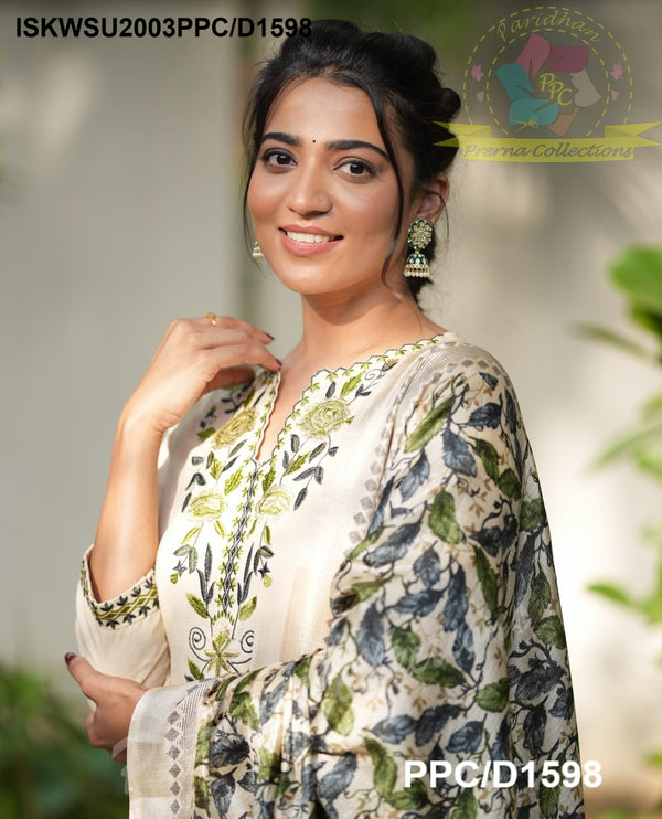 Handloom Cotton Kurti With Pant And Kalamkari Printed Khadi Silk Dupatta-ISKWSU2003PPC/D1598