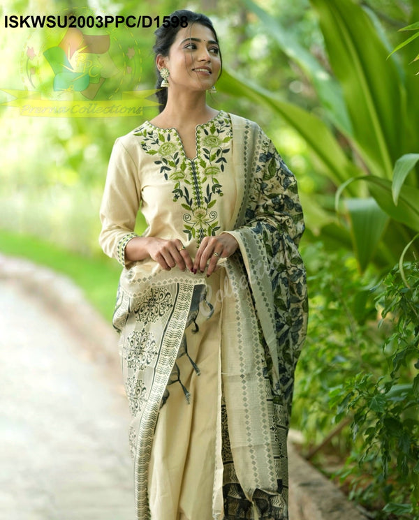 Handloom Cotton Kurti With Pant And Kalamkari Printed Khadi Silk Dupatta-ISKWSU2003PPC/D1598