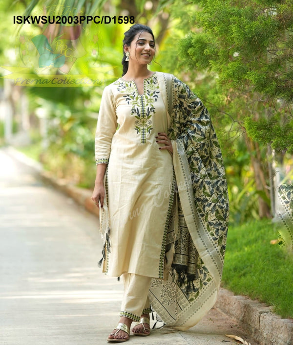 Handloom Cotton Kurti With Pant And Kalamkari Printed Khadi Silk Dupatta-ISKWSU2003PPC/D1598