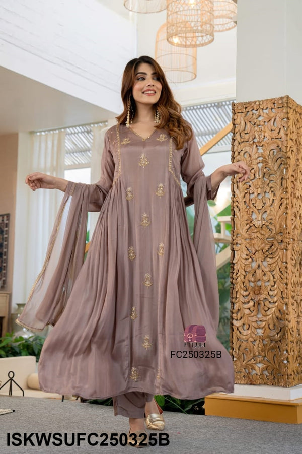 Embroidered Chinon Flared Kurti With Silk Pant And Dupatta-ISKWSUFC250325B