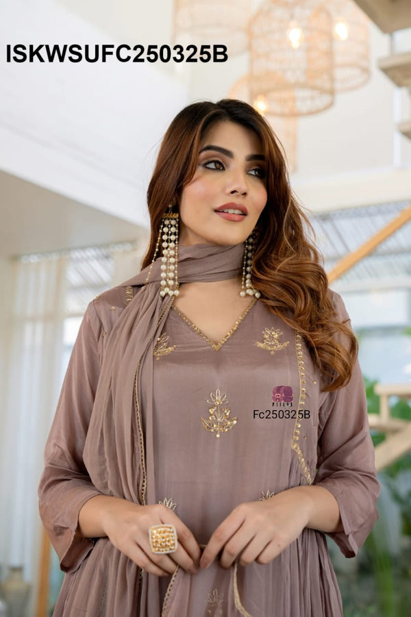 Embroidered Chinon Flared Kurti With Silk Pant And Dupatta-ISKWSUFC250325B