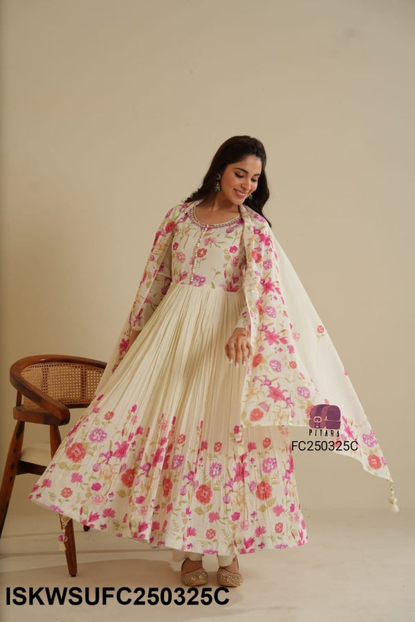 Floral Printed Malmal Cotton Anarkali Kurti With Pant And Dupatta-ISKWSUFC250325P/FC250325C
