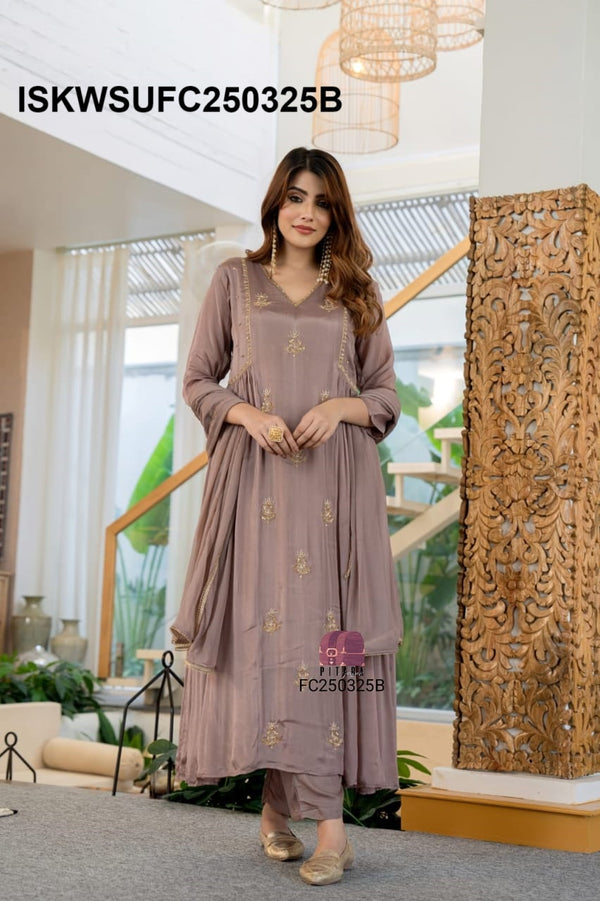 Embroidered Chinon Flared Kurti With Silk Pant And Dupatta-ISKWSUFC250325B