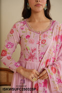 Floral Printed Malmal Cotton Anarkali Kurti With Pant And Dupatta-ISKWSUFC250325P/FC250325C