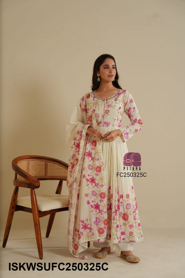 Floral Printed Malmal Cotton Anarkali Kurti With Pant And Dupatta-ISKWSUFC250325P/FC250325C