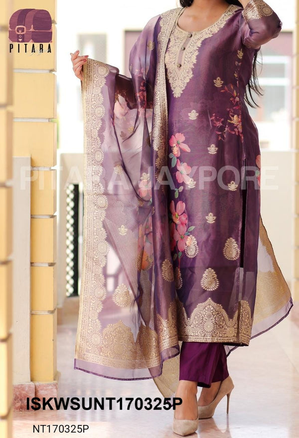 Banarasi Weaved Malmal Chanderi Kurti With Silk Pant And Banarasi Dupatta-ISKWSUNT170325P