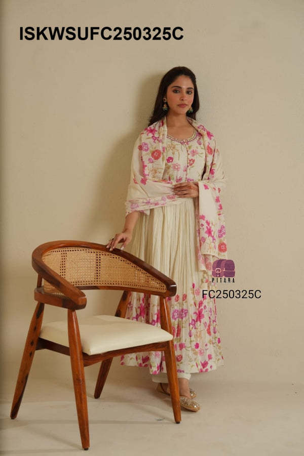 Floral Printed Malmal Cotton Anarkali Kurti With Pant And Dupatta-ISKWSUFC250325P/FC250325C