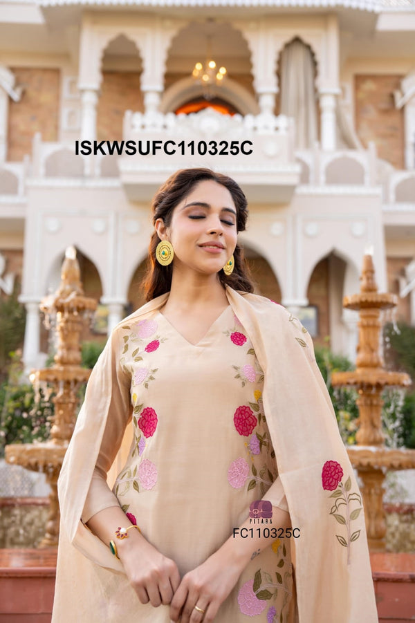 Embroidered Malmal Chanderi Flared Kurti With Silk Pant And Dupatta-ISKWSUFC110325C