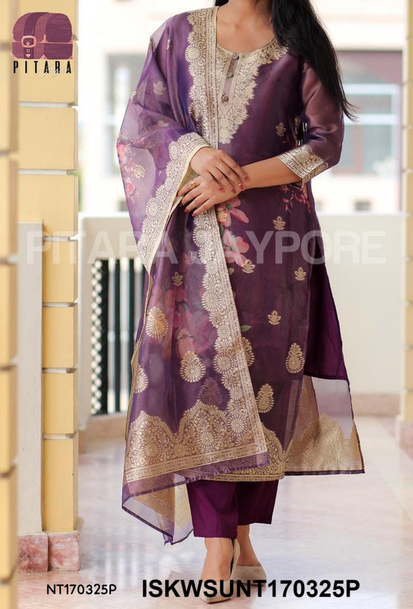 Banarasi Weaved Malmal Chanderi Kurti With Silk Pant And Banarasi Dupatta-ISKWSUNT170325P