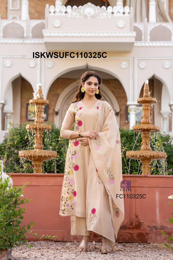Embroidered Malmal Chanderi Flared Kurti With Silk Pant And Dupatta-ISKWSUFC110325C