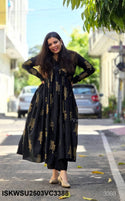 Hand Crafted Hand Block Cotton Flared Kurti With Pant And Kota Doriya Dupatta-ISKWSU2503VC3389/VC3388