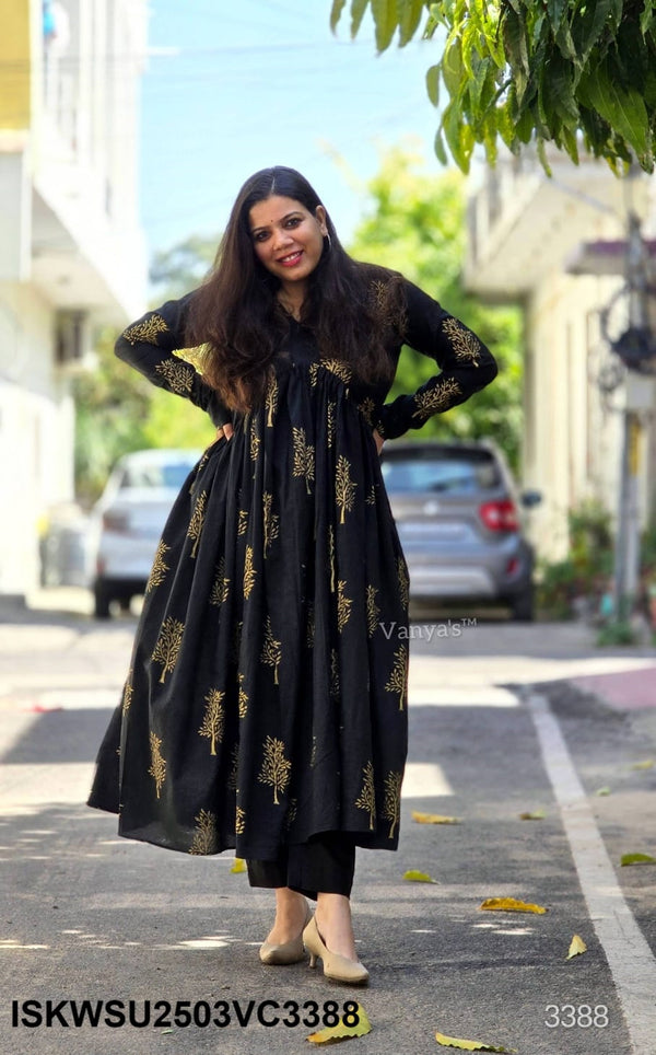 Hand Crafted Hand Block Cotton Flared Kurti With Pant And Kota Doriya Dupatta-ISKWSU2503VC3389/VC3388