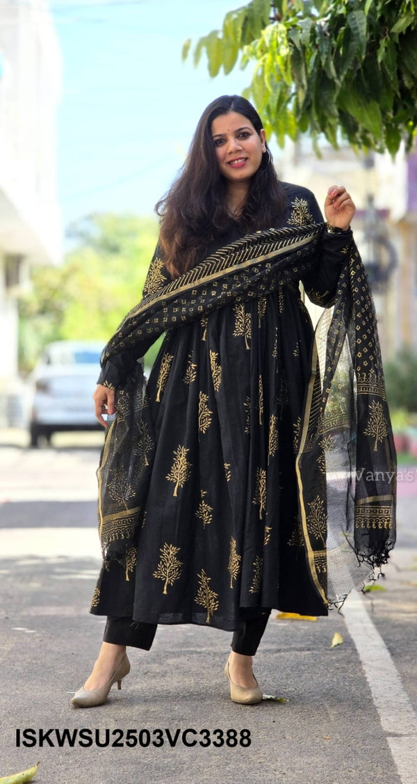Hand Crafted Hand Block Cotton Flared Kurti With Pant And Kota Doriya Dupatta-ISKWSU2503VC3389/VC3388
