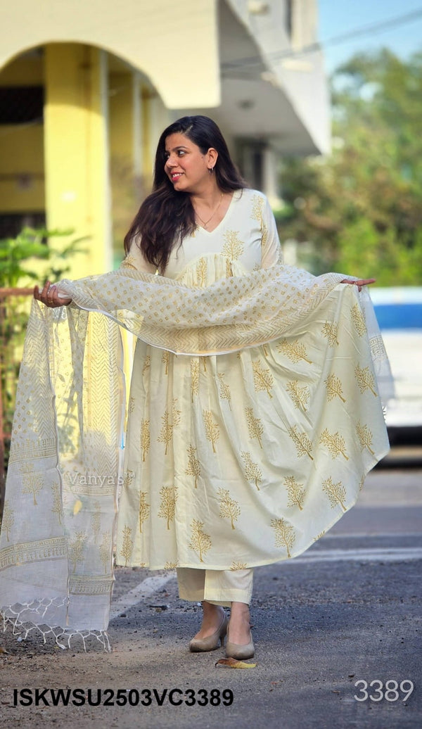 Hand Crafted Hand Block Cotton Flared Kurti With Pant And Kota Doriya Dupatta-ISKWSU2503VC3389/VC3388