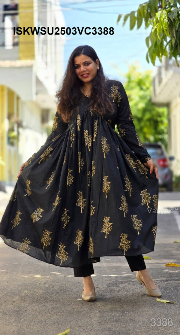 Hand Crafted Hand Block Cotton Flared Kurti With Pant And Kota Doriya Dupatta-ISKWSU2503VC3389/VC3388