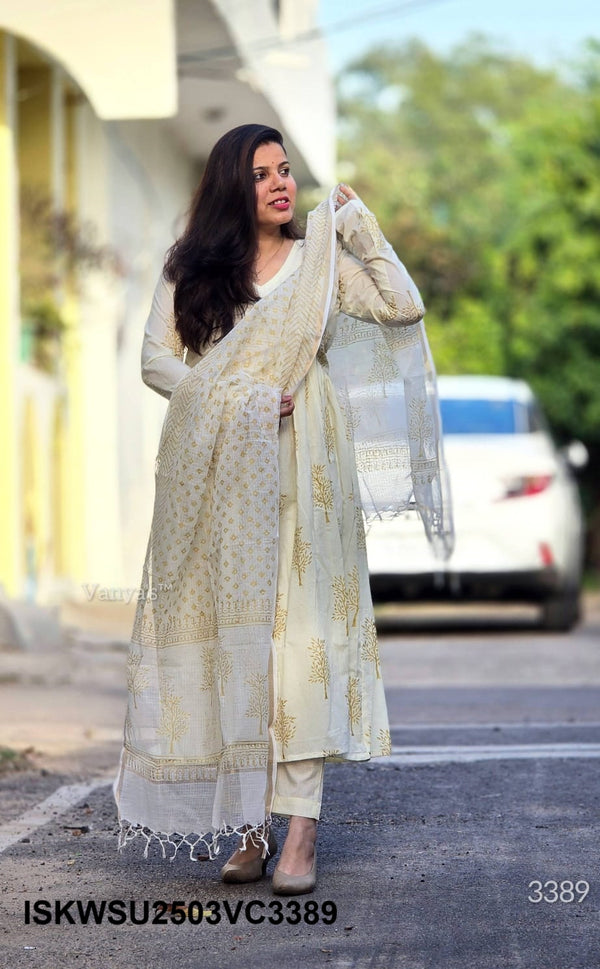 Hand Crafted Hand Block Cotton Flared Kurti With Pant And Kota Doriya Dupatta-ISKWSU2503VC3389/VC3388