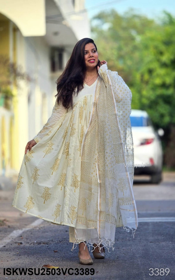 Hand Crafted Hand Block Cotton Flared Kurti With Pant And Kota Doriya Dupatta-ISKWSU2503VC3389/VC3388
