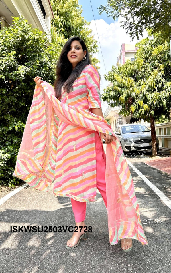 Hand Block Lehariya Printed Kota Doriya Kurti With Cotton pant And Doriya Dupatta-ISKWSU2503VC2728/2727/2743